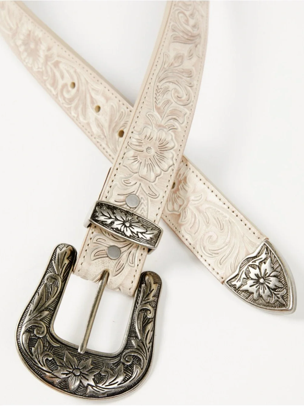 Shyanne Western Floral Embossed Belt M Cream Leather Silver Buckle